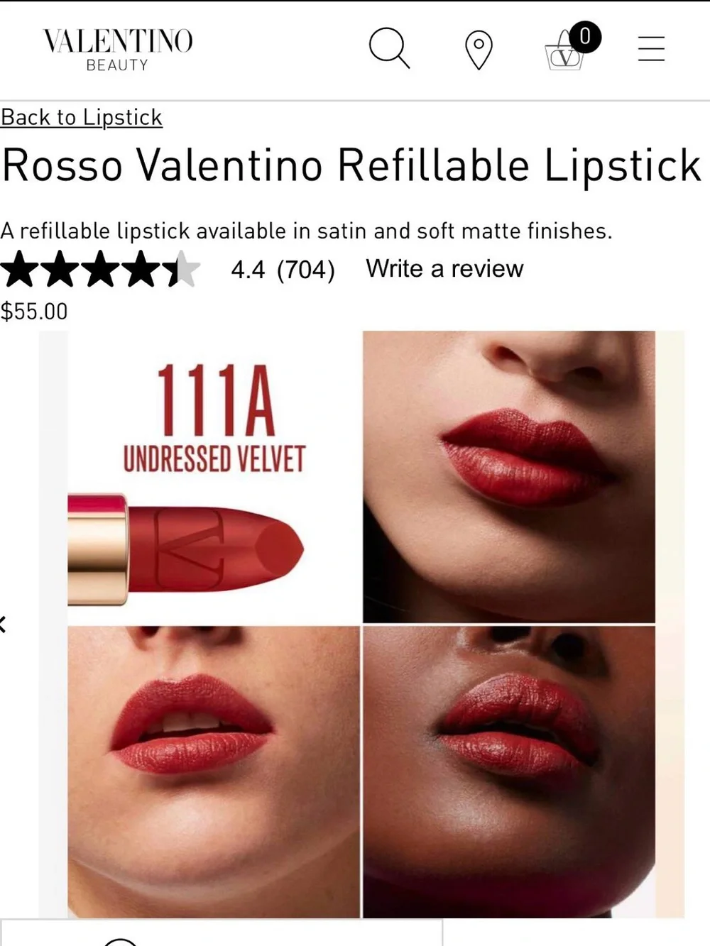 Valentino Rosso Valentino #111A Undressed Velvet Red Matte Lipstick